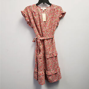 MONTEAU Los Angeles Women Tiered V-Neck Belted Ruffle Sleeve Floral Dress Size S